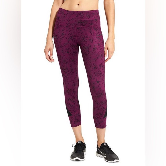 Athleta Burgundy Black Floral Capri 7/8 Like New Leggings Size XS 2-4 - Picture 1 of 9
